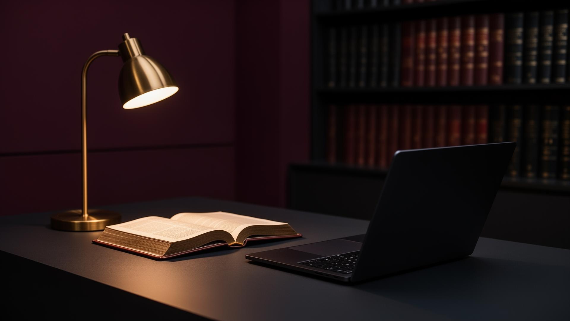 Escritório de advocacia moderno com iluminação âmbar e biblioteca jurídica